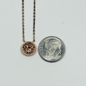 Michael Kors Ladies Gold Tone necklace MK Logo CZ Stone W/Original Box 18” Chain